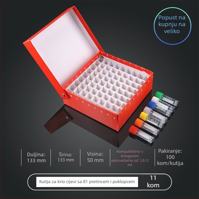 81-mjesto papirnato kriobox s poklopcem, vodootporan, za centrifugne cijevi od 5 ml, 1,8 ml, 1,5 ml i 2 ml.
