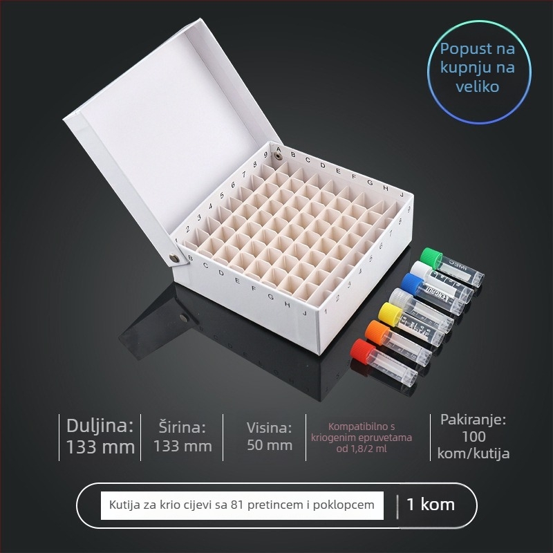 81-mjesto papirnato kriobox s poklopcem, vodootporan, za centrifugne cijevi od 5 ml, 1,8 ml, 1,5 ml i 2 ml.