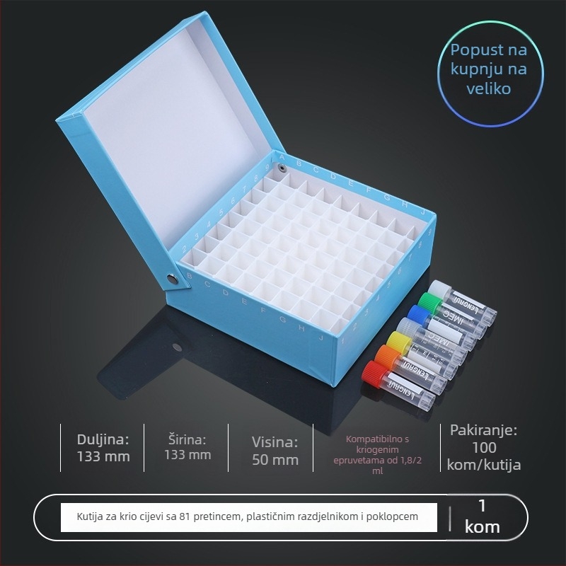 81-mjesto papirnato kriobox s poklopcem, vodootporan, za centrifugne cijevi od 5 ml, 1,8 ml, 1,5 ml i 2 ml.