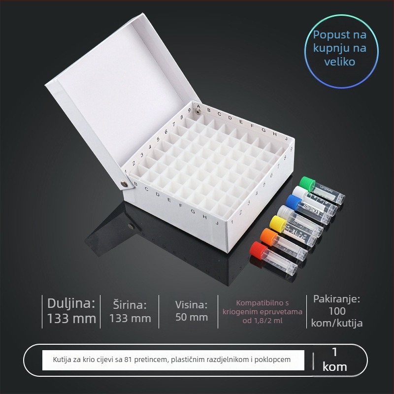 81-mjesto papirnato kriobox s poklopcem, vodootporan, za centrifugne cijevi od 5 ml, 1,8 ml, 1,5 ml i 2 ml.