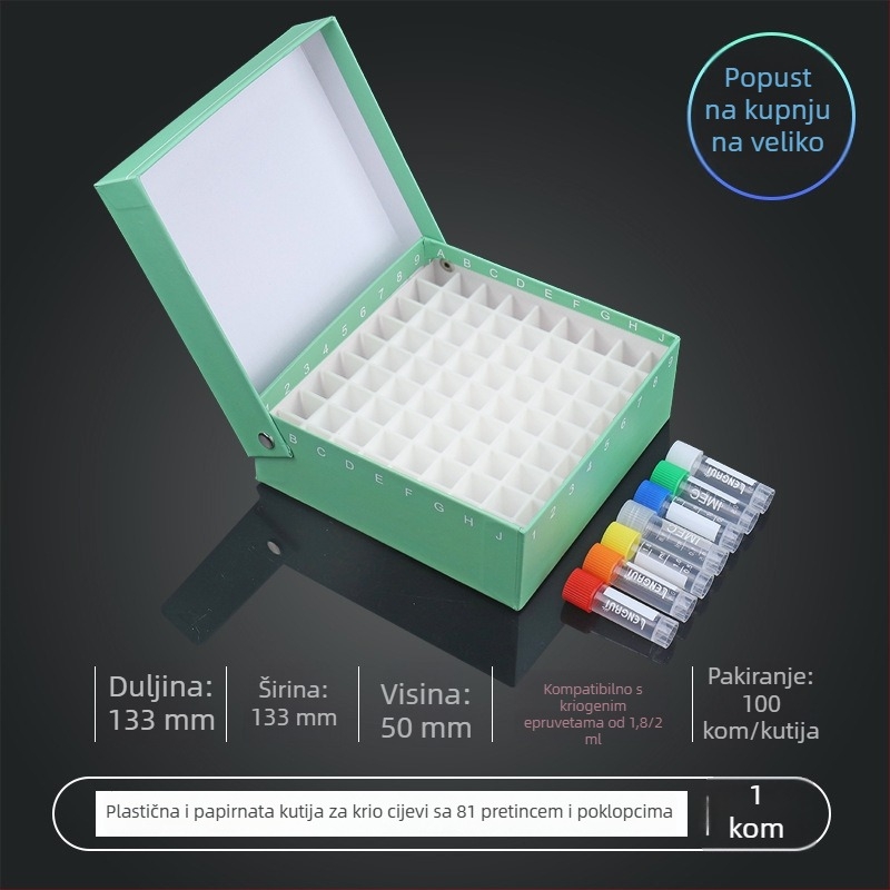 81-mjesto papirnato kriobox s poklopcem, vodootporan, za centrifugne cijevi od 5 ml, 1,8 ml, 1,5 ml i 2 ml.