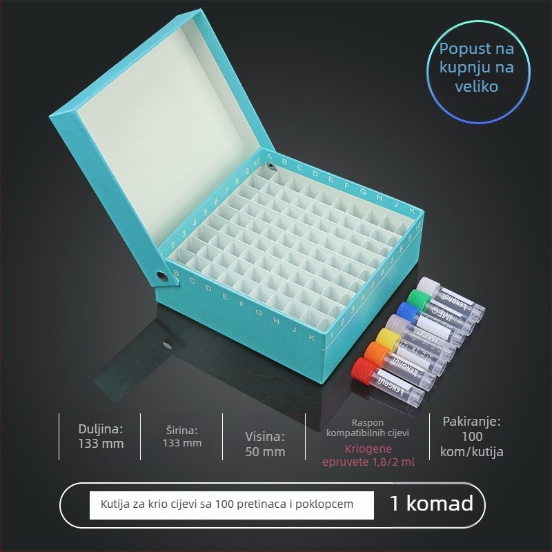 81-mjesto papirnato kriobox s poklopcem, vodootporan, za centrifugne cijevi od 5 ml, 1,8 ml, 1,5 ml i 2 ml.