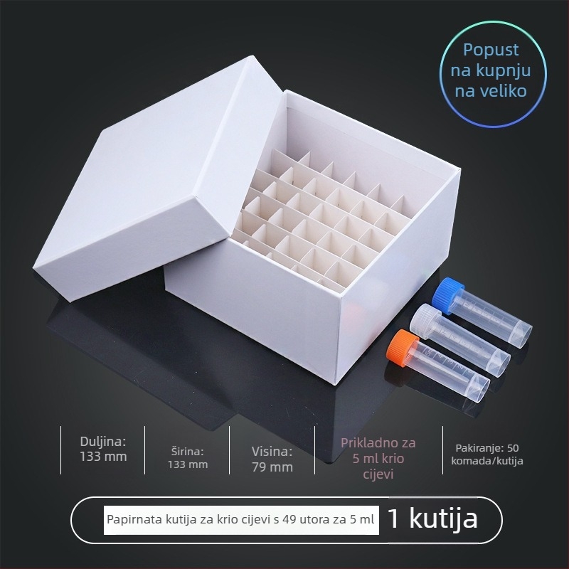 81-mjesto papirnato kriobox s poklopcem, vodootporan, za centrifugne cijevi od 5 ml, 1,8 ml, 1,5 ml i 2 ml.