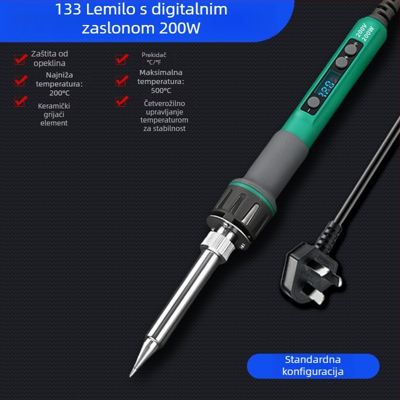 Lemilica s digitalnim prikazom, visoka snaga, podesiva temperatura, dug vijek, 100–200 W, vrh noža i potkovasti vrh, industrijske klase lemilica