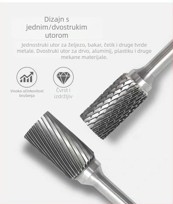 Karbidna rotirajuća datoteka s glavom za brušenje od volfram čelika, 6 mm osovina, Ø10/12 mm, duljina 20 mm, model 1225/1020M06