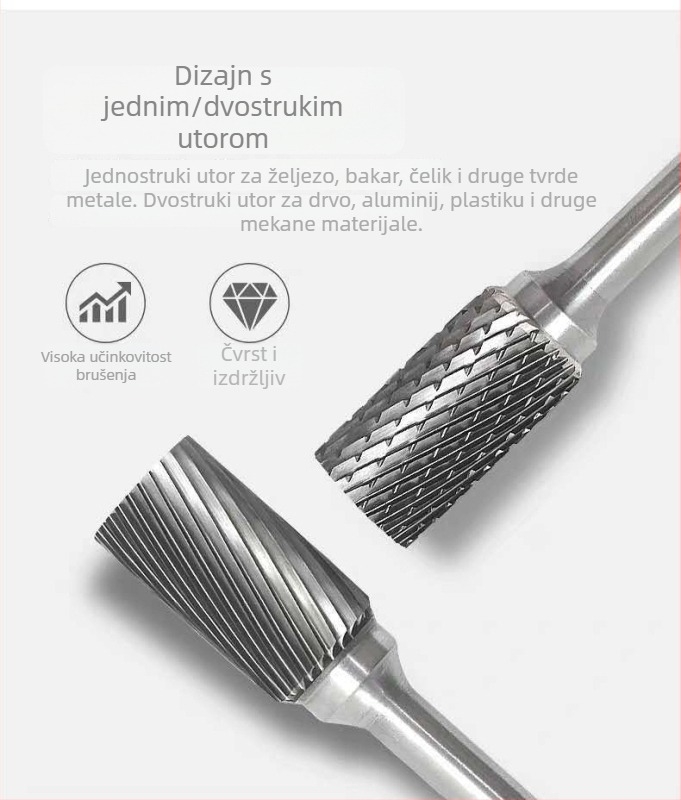 Karbidna rotirajuća datoteka s glavom za brušenje od volfram čelika, 6 mm osovina, Ø10/12 mm, duljina 20 mm, model 1225/1020M06