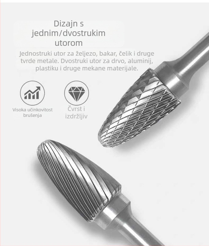 Karbidna rotirajuća datoteka s glavom za brušenje od volfram čelika, 6 mm osovina, Ø10/12 mm, duljina 20 mm, model 1225/1020M06
