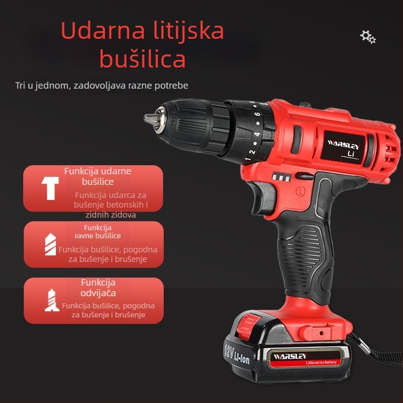 Woshili 12V–21V litij‑ionska bežična bušilica s udarnom funkcijom, ručni odvijač i višenamjenski alat za kućnu upotrebu