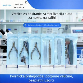 Alati za manikuru: jednokratna sterilizacijska vrećica, abrazivna traka, štipaljke za kožicu, čelična glava za brušenje