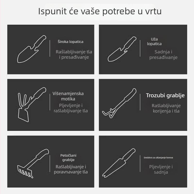 Trodjelni set vrtnih alata s malim lopaticama za sadnju cvijeća i povrća, prozračivanje tla i uklanjanje korova