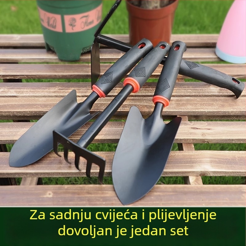 Trodjelni set vrtnih alata s malim lopaticama za sadnju cvijeća i povrća, prozračivanje tla i uklanjanje korova