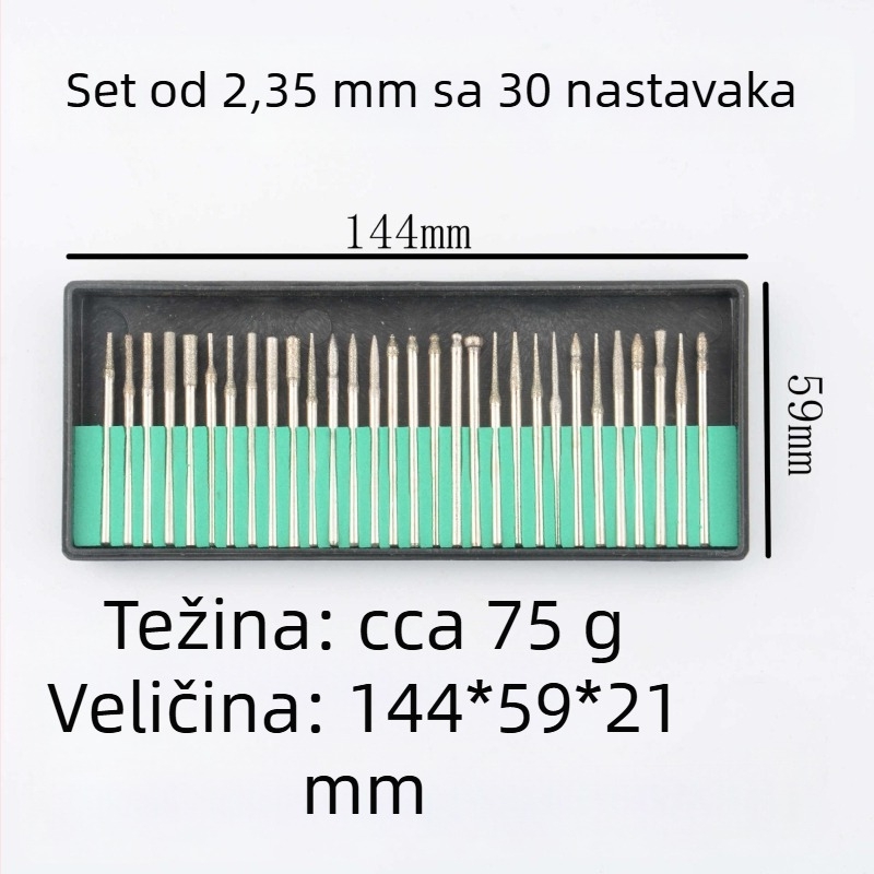 Set dijamantnih glava za brušenje, 30 kom, osovina 3,25 mm, elektroplatirane, za brušenje i poliranje, otporne na habanje