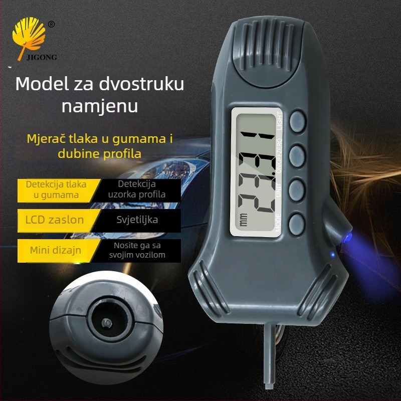 Digitalni mjerač tlaka u gumama s mjerenjem dubine profila, 3-u-1 s pozadinskim osvjetljenjem – za automobile