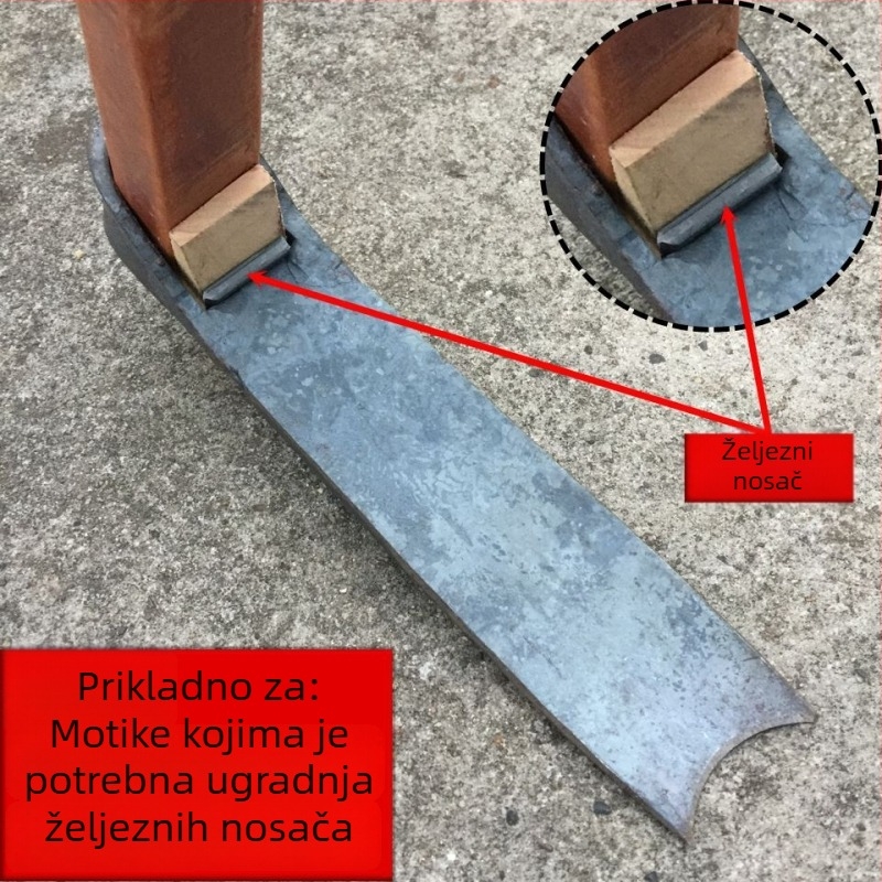 Dvostruka motika s drvenom drškom i glavom od alatnog čelika, širina 23 cm, ukupna duljina 40 cm; pogodna za poljoprivredu, industriju, vrt i uzgoj.
