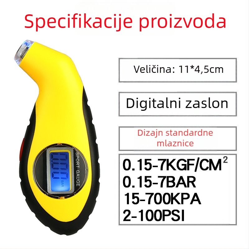 Automobilski mjerač tlaka u gumama, pištolskog oblika, s visokopreciznim digitalnim zaslonom