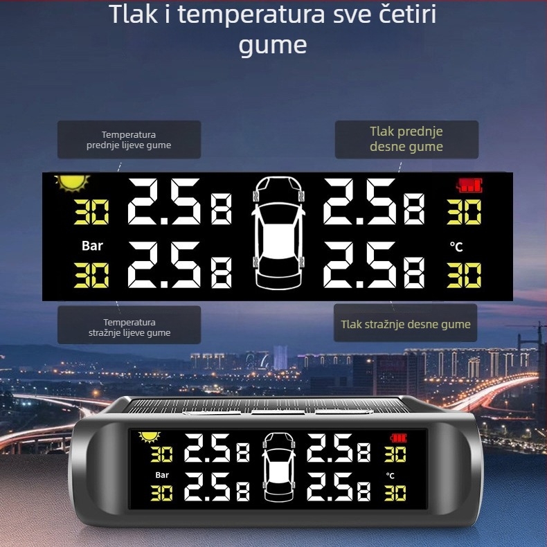 Bežični monitor tlaka u gumama s integriranim vanjskim senzorom za automobile i kamione, solarno napajanje, visoka preciznost, troznamenkasti prikaz
