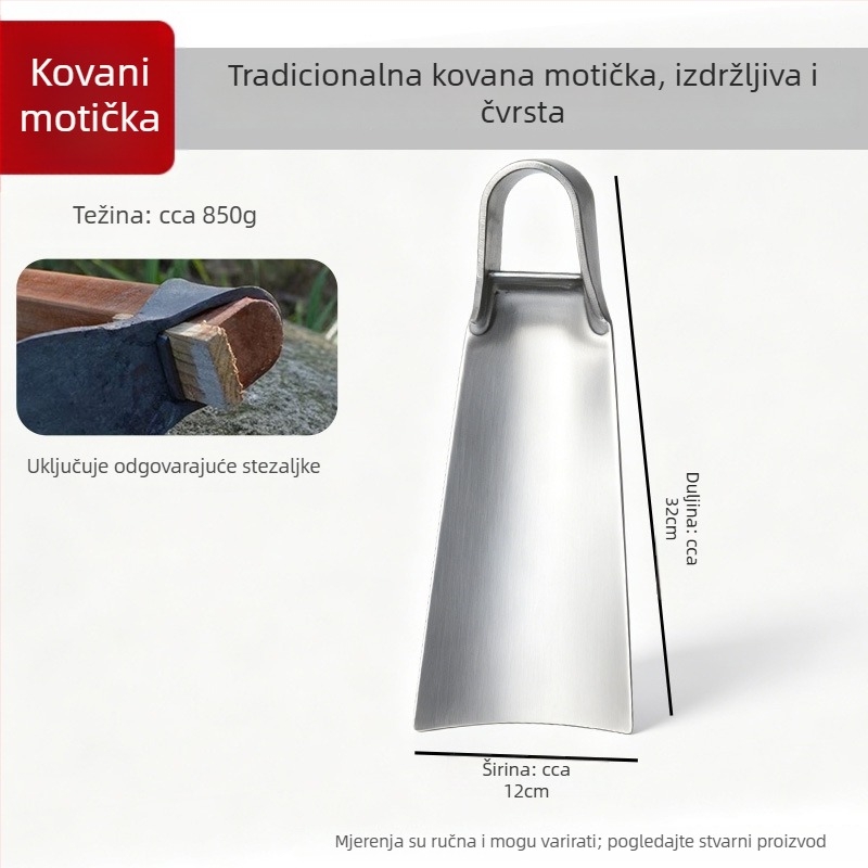 Pločasta motika s drvenom drškom za kopanje tvrde zemlje, čišćenje područja, oranje i preoravanje tla; kovano od manganovog i opružnog čelika.