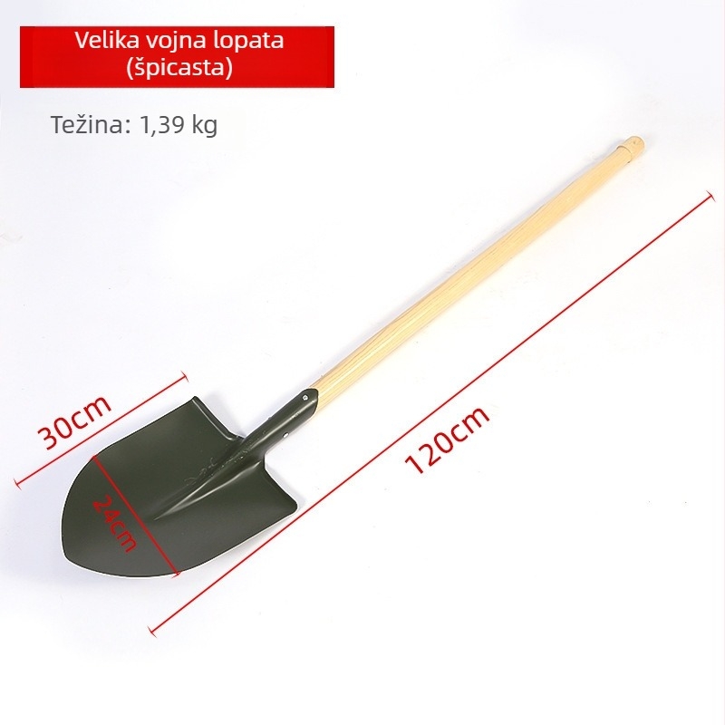 Inženjerska lopata s drvenom drškom i manganovim čelom, poljoprivredna lopata s kratkom drškom, zelena, špicasta lopata za spašavanje i vojnu upotrebu