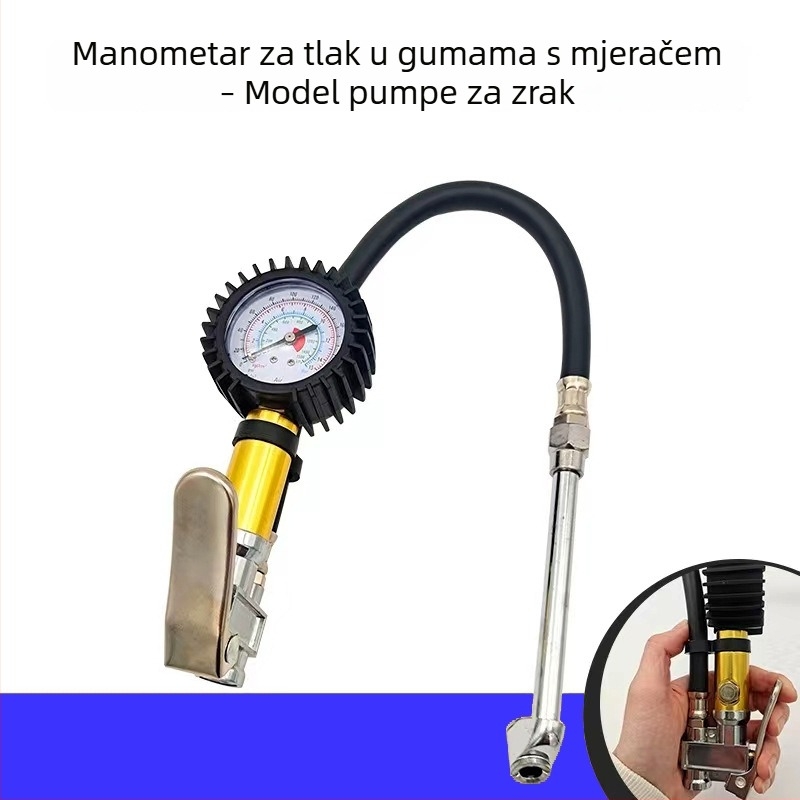 Pištolj za napuhavanje guma za automobile i motocikle, s manometrom, tlak 0-220 PSI, duljina 510 mm, metalna konstrukcija, napuhuje i otpušta