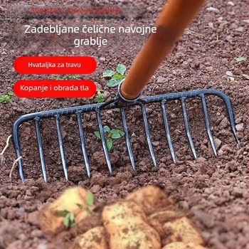 Željezna grablja s devet zuba – za izravnavanje i prokopavanje tla, višenamjenski alat za travu i obradu tla