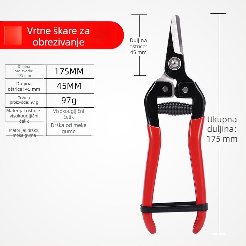 Kratke preklopne škarice za voće s zakrivljenom glavom – za rezanje grana i cvijeća