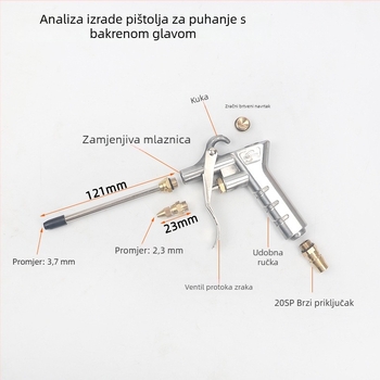 Potter visokotlačni pneumatski pištolj za puhanje prašine s bakrenom glavom, dugim i kratkim plastičnim nastavkom