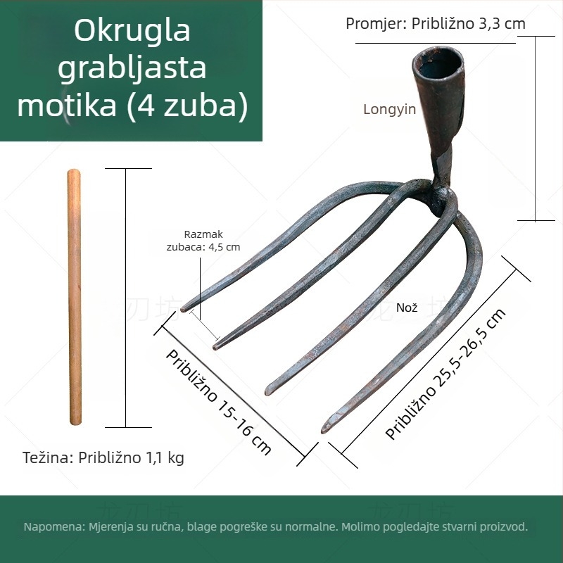 Kovana grablja s okruglim zubima, četverozuba metalna grablja za preoravanje tla i prozračivanje tla u povrtnjaku