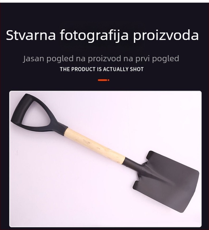 Lopata s drvenom drškom i četvrtastom metalnom glavom – za vrtlarstvo, kućnu i poljoprivrednu upotrebu; pogodna za gradilišta, plažu i kampiranje