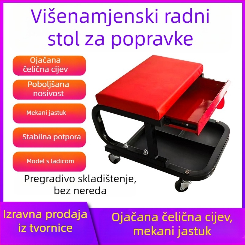 Stolica za popravak automobila s kutijom za alate i okretivim kotačićima – višenamjenska stolica za održavanje i poliranje