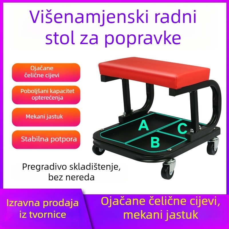 Stolica za popravak automobila s kutijom za alate i okretivim kotačićima – višenamjenska stolica za održavanje i poliranje