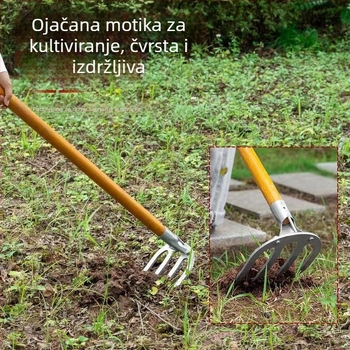 Greblja od mangan čelika s četiri zuba, duga drška, za prekopavanje tla i održavanje travnjaka