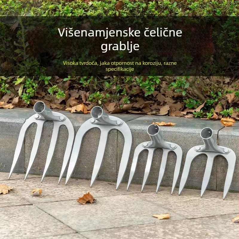 Greblja od mangan čelika s četiri zuba, duga drška, za prekopavanje tla i održavanje travnjaka