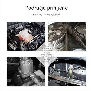 Set alata za popravak auto-klime: demontaža kompresorskog kvačila, usisna čašica za ležaj, usisivač, glava pumpe klimatizacije, ključ