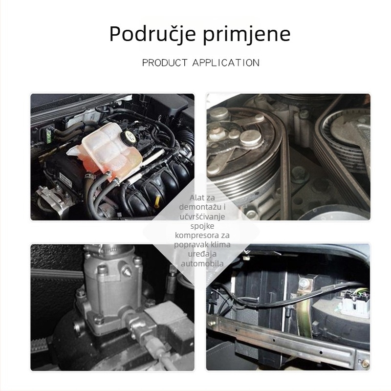 Set alata za popravak auto-klime: demontaža kompresorskog kvačila, usisna čašica za ležaj, usisivač, glava pumpe klimatizacije, ključ