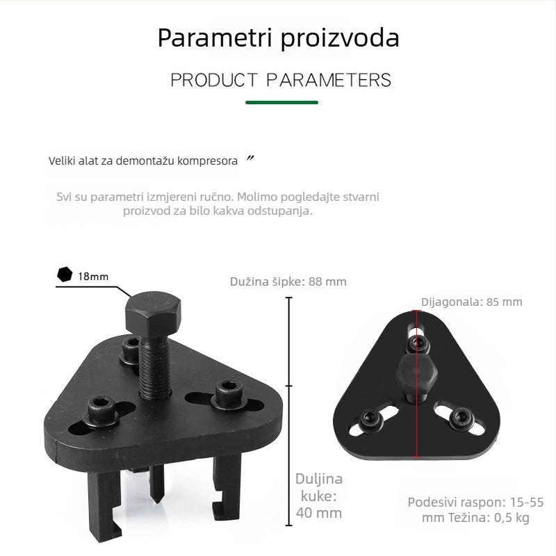 Set alata za popravak auto-klime: demontaža kompresorskog kvačila, usisna čašica za ležaj, usisivač, glava pumpe klimatizacije, ključ