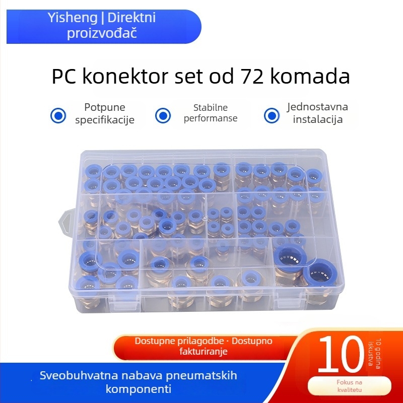 72-dijelni set pneumatskih konektora i crijeva s PC8-02 brzim spojem, PC12-04 brzim priključkom i 10-03 fitinzima za kompresor zraka