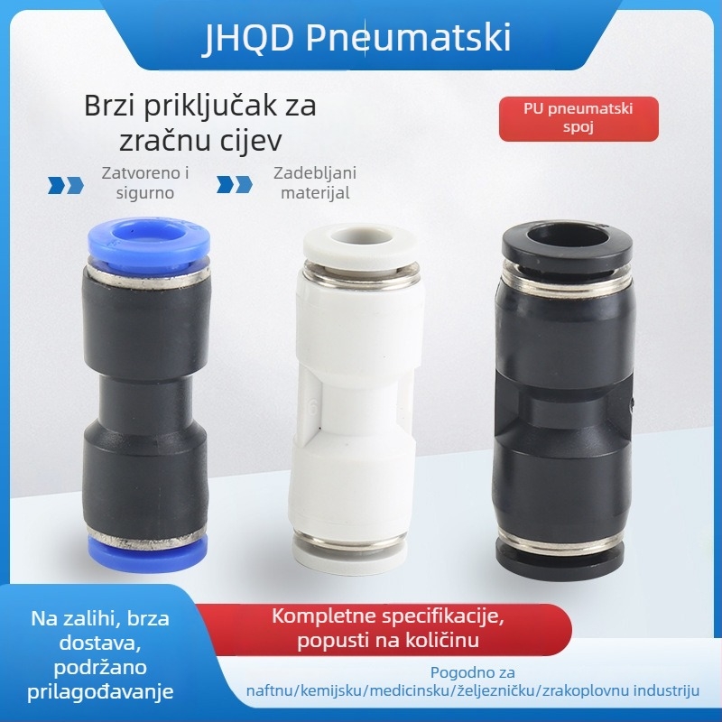 PU ravni spojnik za pneumatske cijevi, plastični brzi spoj za crijevo, dizajn s automatskim zatvaranjem