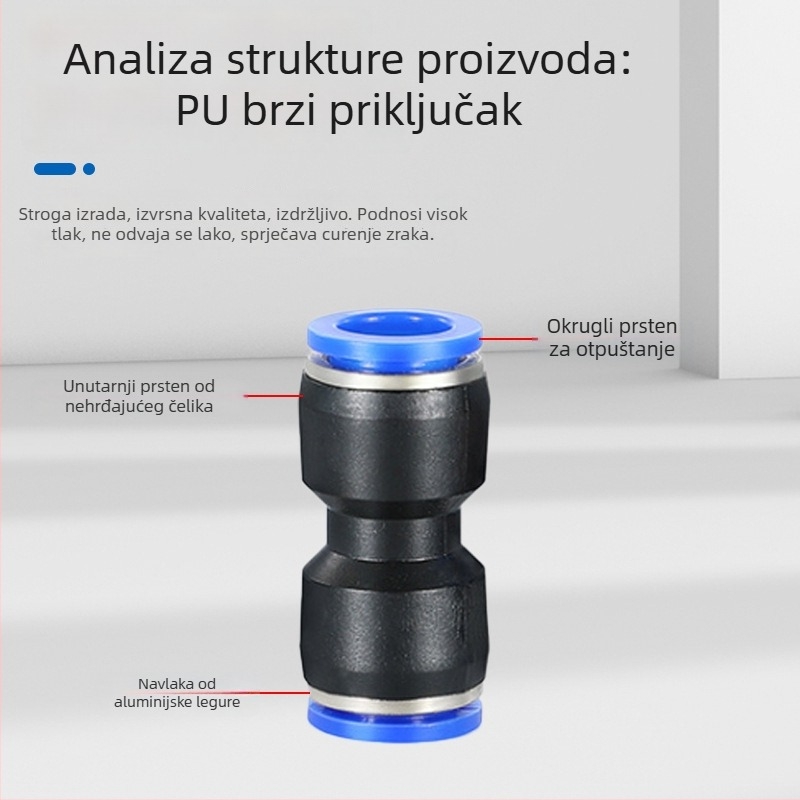 PU ravni spojnik za pneumatske cijevi, plastični brzi spoj za crijevo, dizajn s automatskim zatvaranjem
