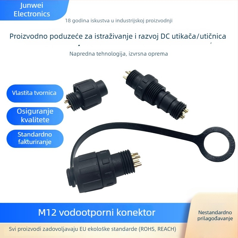 M12 vodootporan kružni priključak, industrijski električni utikač i utičnica s plastičnim prstenom za zaključavanje