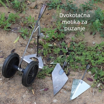 Tri u jedan motorna motika s dvostrukim kotačima za plijevljenje, prozračivanje tla, kopanje rovova i čišćenje zemljišta