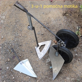 Tri u jedan motorna motika s dvostrukim kotačima za plijevljenje, prozračivanje tla, kopanje rovova i čišćenje zemljišta