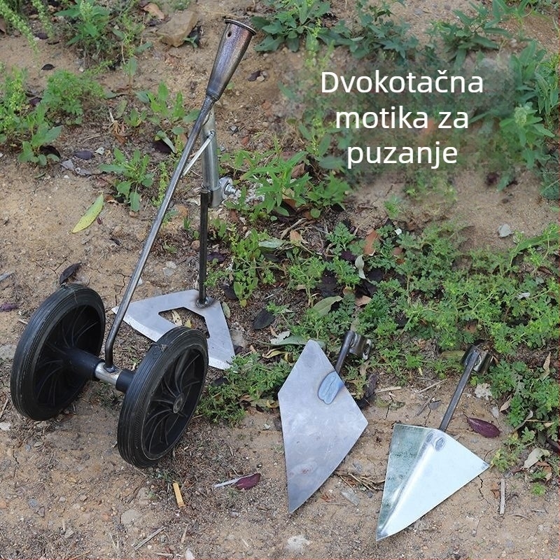 Tri u jedan motorna motika s dvostrukim kotačima za plijevljenje, prozračivanje tla, kopanje rovova i čišćenje zemljišta