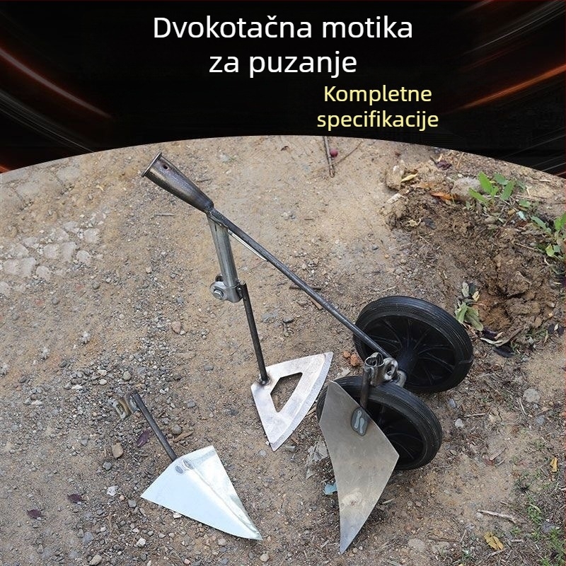Tri u jedan motorna motika s dvostrukim kotačima za plijevljenje, prozračivanje tla, kopanje rovova i čišćenje zemljišta