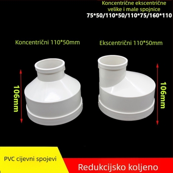 PVC redukcijsko koljeno za kanalizacijsku cijev, redukcije 75→50 i 200→110, koncentrično i ekscentrično