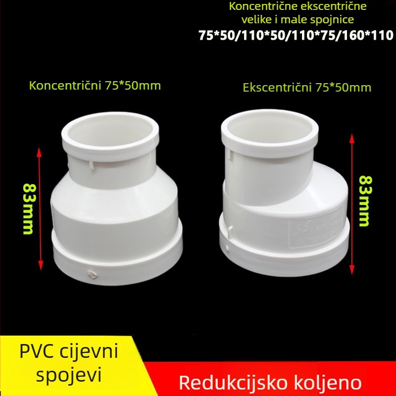 PVC redukcijsko koljeno za kanalizacijsku cijev, redukcije 75→50 i 200→110, koncentrično i ekscentrično
