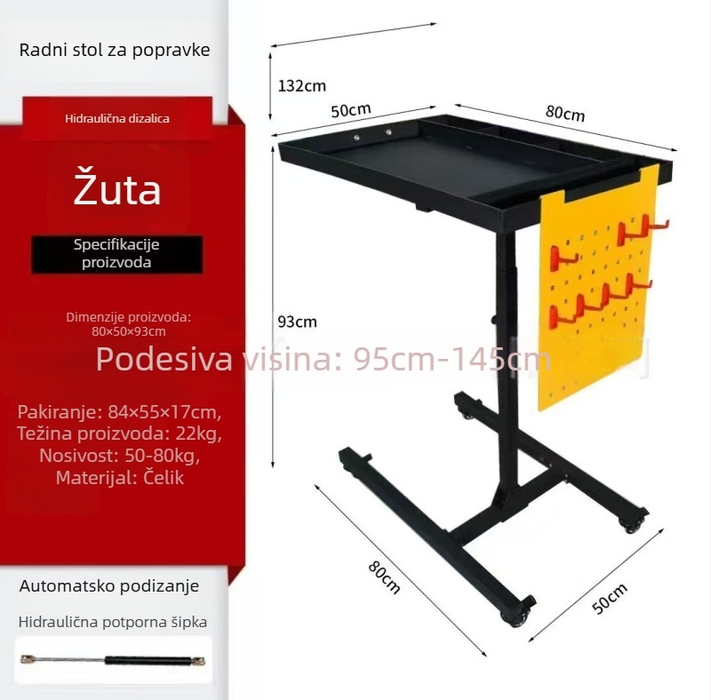 Podesivi visinski mobilni radni stol za održavanje s prostorom za alate i kolica