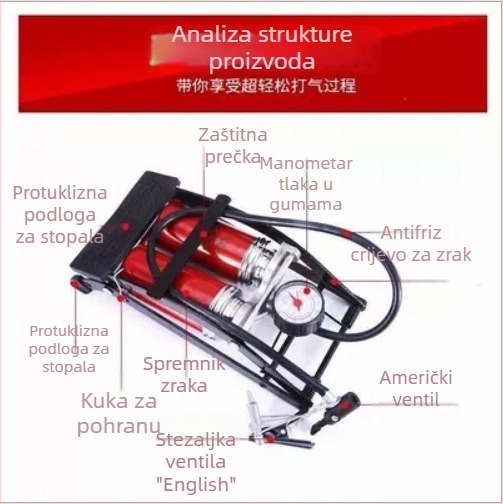 Automobilska pumpa za zrak s dvostrukim cijevima, prijenosna pedalna pumpa