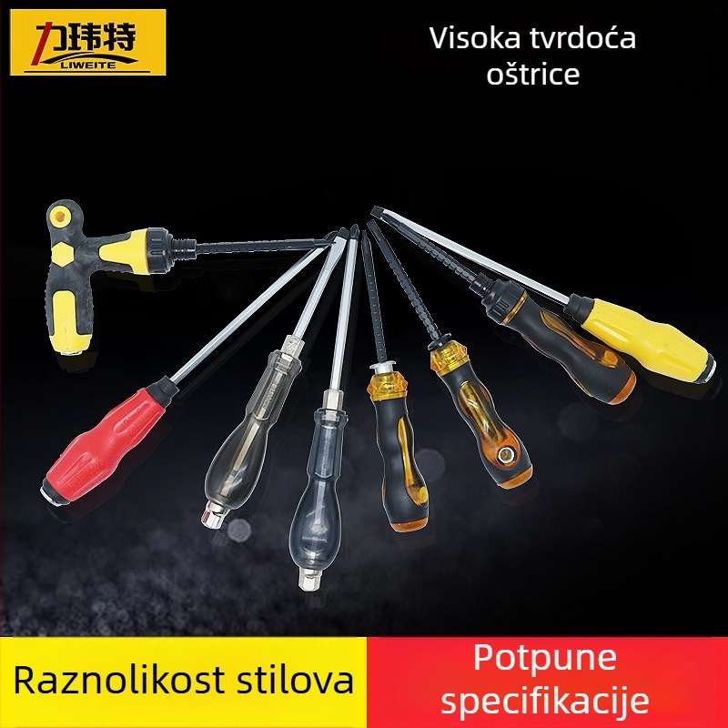 Ploški i križni odvijač s okretajnim mehanizmom i zamjenjivim bitovima, duljine 2, 3 i 4 inča; magnetska vrh i izolirani ugljični čelik