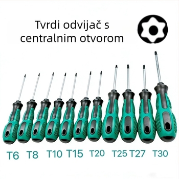 Cr-V precizni Plum Blossom odvijač s otvorom za vješanje, magnetski, držač PP+TPR, heks bitovi T8–T30