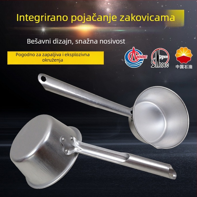 Eksplozijski otporna aluminijska žlica s učvršćenim bakrenim umetkom, duga drška, namijenjena za benzinske postaje i skladišta